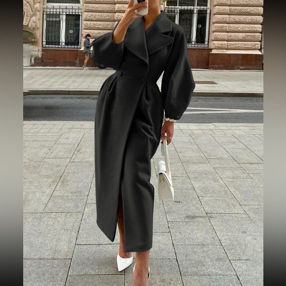 Black / ivory thick luxurious long puff sleeve double breasted trench coat - Picture 3 of 7